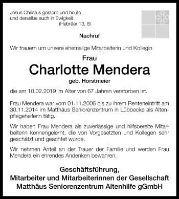 Traueranzeige von Charlotte Mendera von Westfalen-Blatt