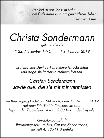 Traueranzeige von Christa Sondermann von Westfalen-Blatt