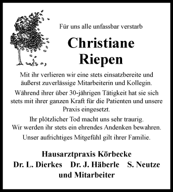 Traueranzeige von Christiane Riepen von Westfalen-Blatt