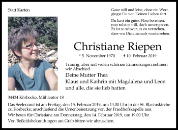 Traueranzeige von Christiane Riepen von Westfalen-Blatt