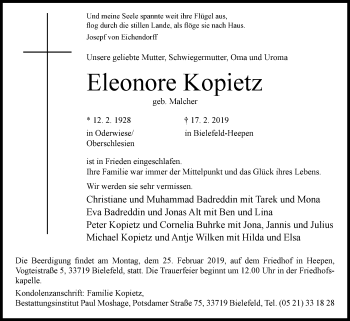 Traueranzeige von Eleonore Kopietz von Westfalen-Blatt