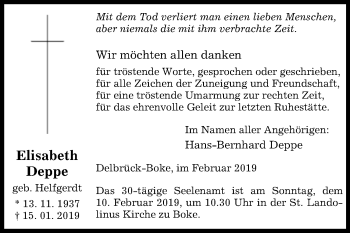 Traueranzeige von Elisabeth Deppe von Westfalen-Blatt