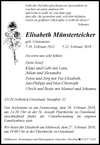 Traueranzeige von Elisabeth Münsterteicher von Westfalen-Blatt