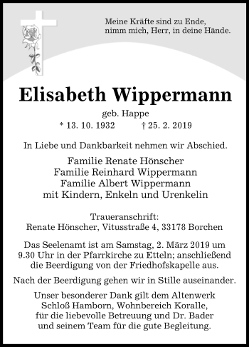 Traueranzeige von Elisabeth Wippermann von Westfalen-Blatt