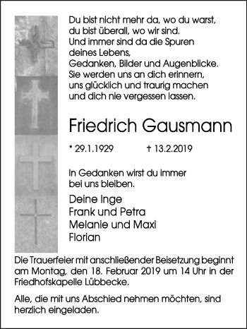 Traueranzeige von Friedrich Gausmann von Westfalen-Blatt