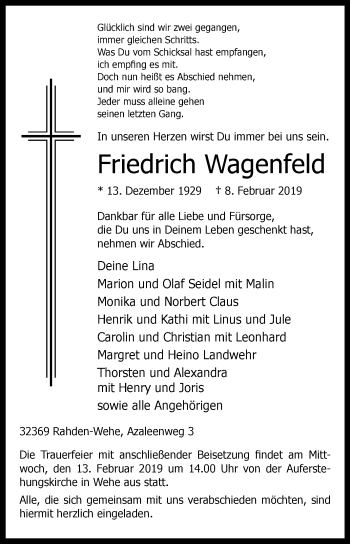 Traueranzeige von Friedrich Wagenfeld von Westfalen-Blatt