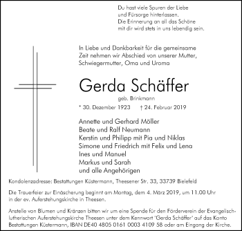 Traueranzeige von Gerda Schäffer von Westfalen-Blatt