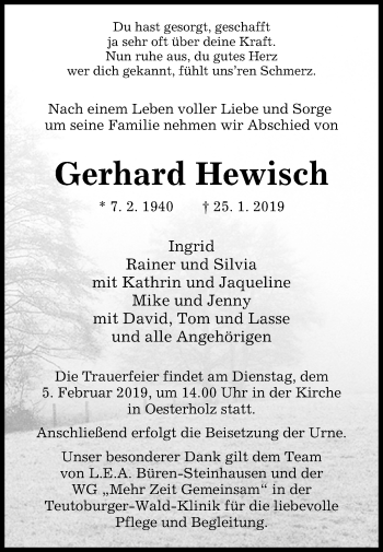 Traueranzeige von Gerhard Hewisch von Westfalen-Blatt