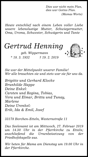 Traueranzeige von Gertrud Henning von Westfalen-Blatt