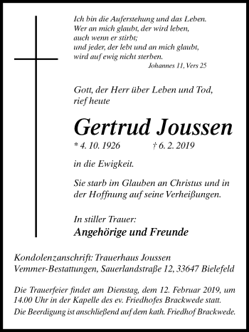 Traueranzeige von Gertrud Joussen von Westfalen-Blatt