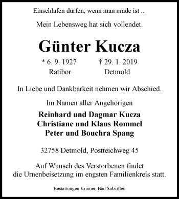 Traueranzeige von Günter Kucza von Westfalen-Blatt