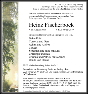 Traueranzeige von Heinz Fischerbock von Westfalen-Blatt