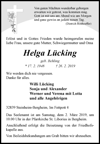 Traueranzeige von Helga Lücking von Westfalen-Blatt