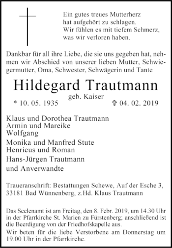 Traueranzeige von Hildegard Trautmann von Westfalen-Blatt