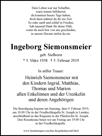 Traueranzeige von Ingeborg Siemonsmeier von Westfalen-Blatt