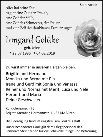 Traueranzeige von Irmgard Golüke von Westfalen-Blatt