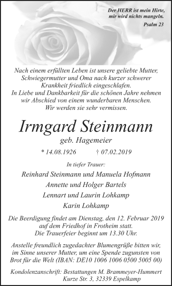 Traueranzeige von Irmgard Steinmann von Westfalen-Blatt