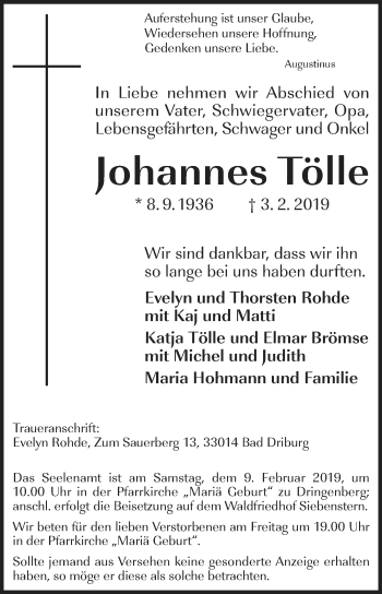 Traueranzeige von Johannes Tölle von Westfalen-Blatt