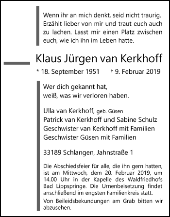 Traueranzeige von Klaus Jürgen van Kerkhoff von Westfalen-Blatt