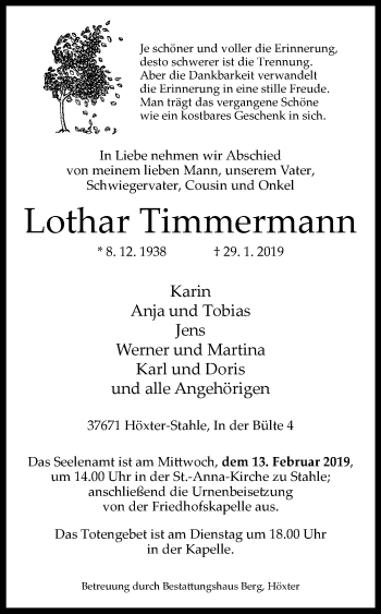 Traueranzeige von Lothar Timmermann von Westfalen-Blatt