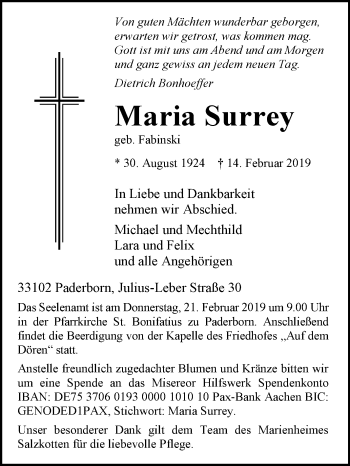 Traueranzeige von Maria Surrey von Westfalen-Blatt