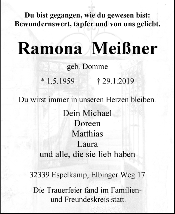 Traueranzeige von Ramona Meißner von Westfalen-Blatt