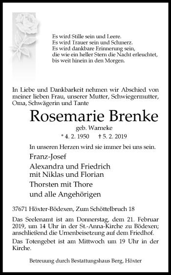 Traueranzeige von Rosemarie Brenke von Westfalen-Blatt