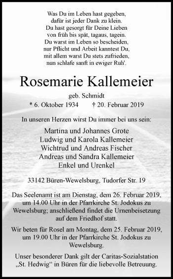 Traueranzeige von Rosemarie Kallemeier von Westfalen-Blatt