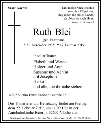 Traueranzeige von Ruth Blei von Westfalen-Blatt