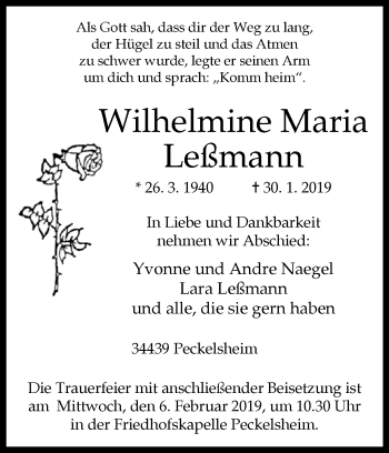 Traueranzeige von Wilhelmine Maria Leßmann von Westfalen-Blatt