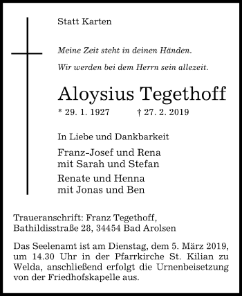 Traueranzeige von Aloysius Tegethoff von Westfalen-Blatt