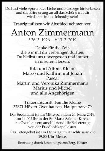 Traueranzeige von Anton Zimmermann von Westfalen-Blatt