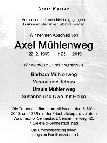 Traueranzeige von Axel Mühlenweg von Westfalen-Blatt