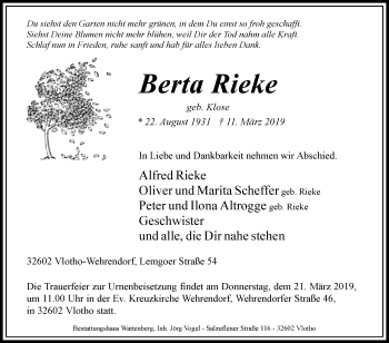 Traueranzeige von Berta Rieke von Westfalen-Blatt