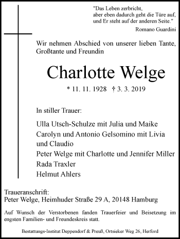 Traueranzeige von Charlotte Welge von Westfalen-Blatt