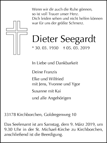 Traueranzeige von Dieter Seegardt von Westfalen-Blatt