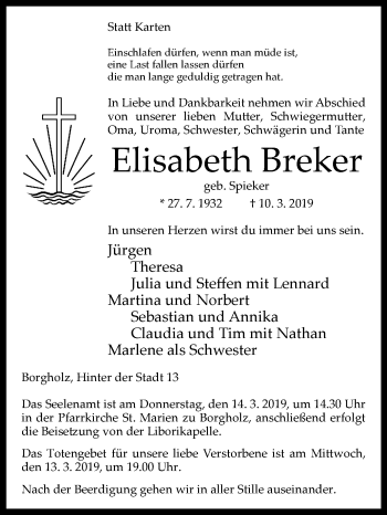 Traueranzeige von Elisabeth Breker von Westfalen-Blatt