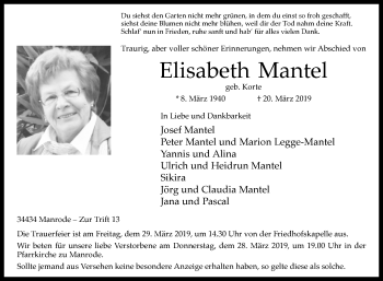 Traueranzeige von Elisabeth Mantel von Westfalen-Blatt