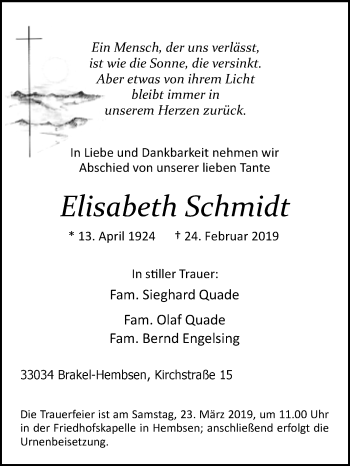 Traueranzeige von Elisabeth Schmidt von Westfalen-Blatt