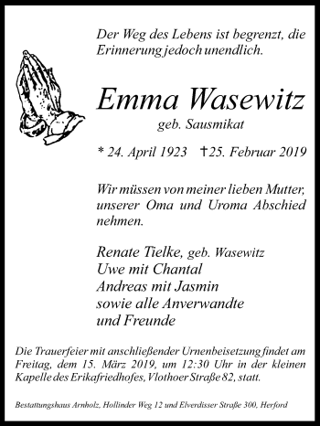 Traueranzeige von Emma Wasewitz von Westfalen-Blatt