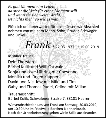 Traueranzeige von Frank  von Westfalen-Blatt