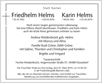 Traueranzeige von Friedhelm und Karin Helms von Westfalen-Blatt