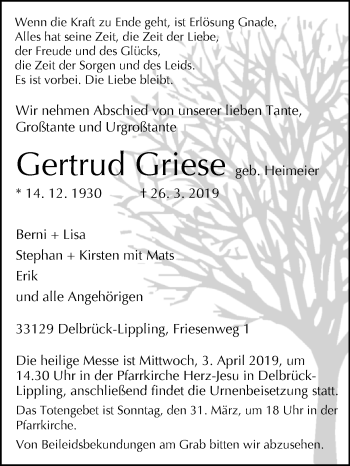 Traueranzeige von Gertrud Griese von Westfalen-Blatt