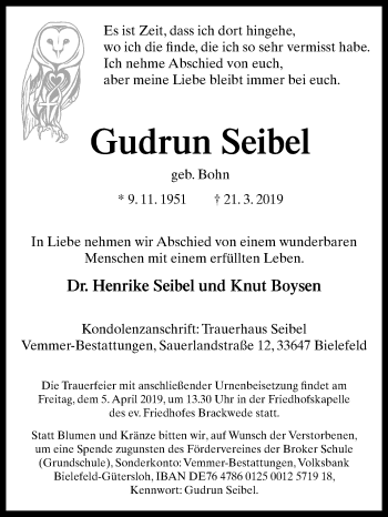 Traueranzeige von Gudrun Seibel von Westfalen-Blatt