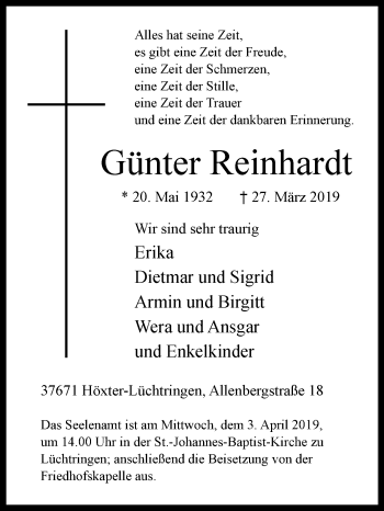 Traueranzeige von Günter Reinhardt von Westfalen-Blatt