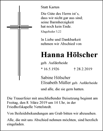 Traueranzeige von Hanna Hölscher von Westfalen-Blatt