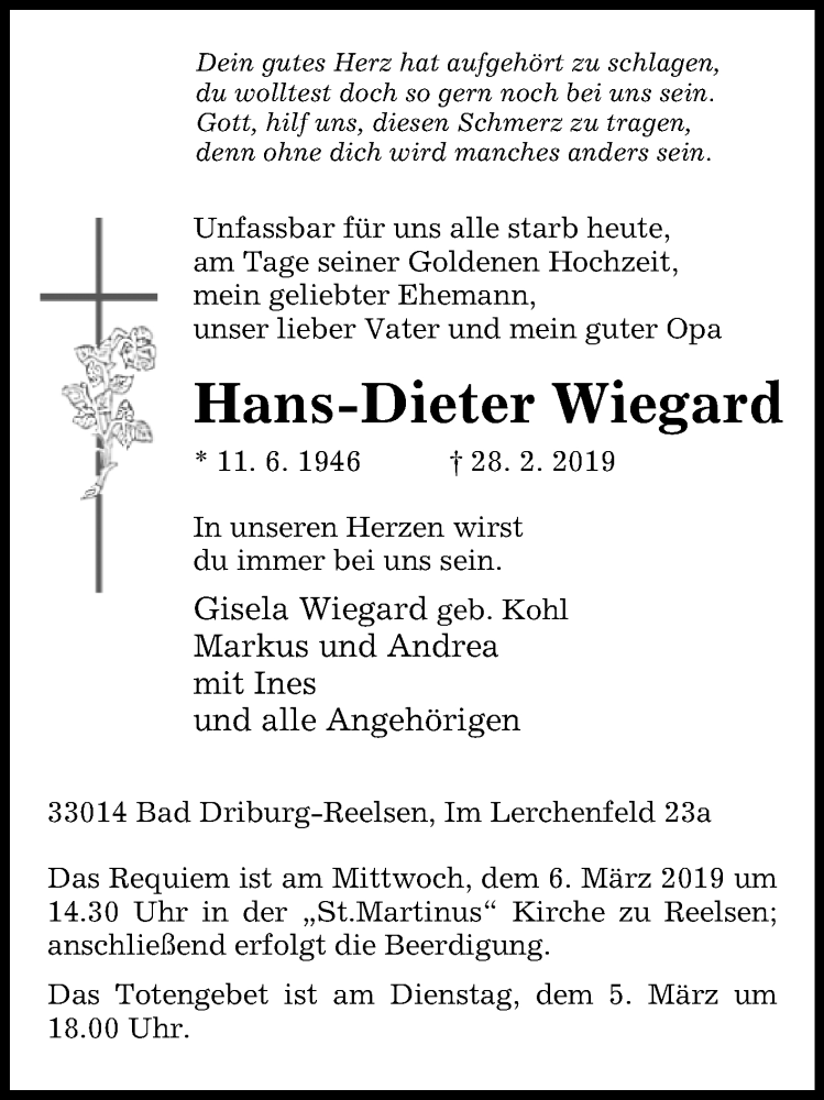  Traueranzeige für Hans-Dieter Wiegard vom 02.03.2019 aus Westfalen-Blatt