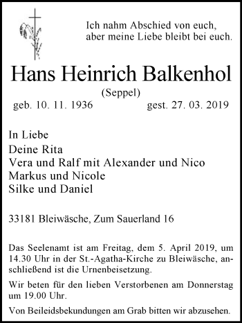 Traueranzeige von Hans Heinrich Balkenhol von Westfalen-Blatt