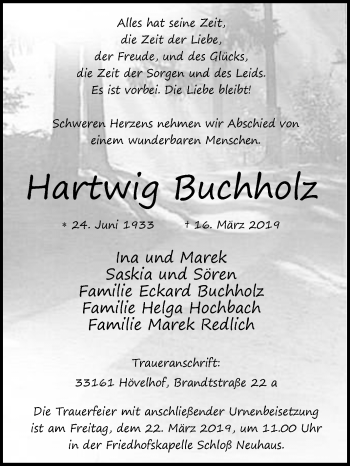 Traueranzeige von Hartwig Buchholz von Westfalen-Blatt