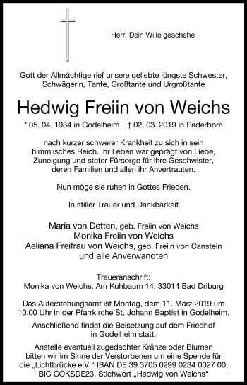 Traueranzeige von Hedwig Freiin von Weichs von Westfalen-Blatt